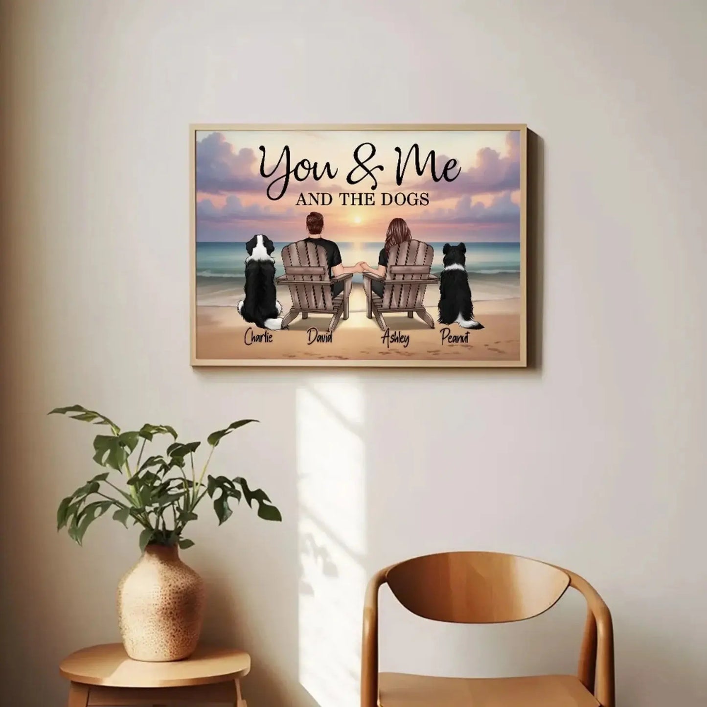 You, Me and The Dogs – Custom Beach Poster with Pets and Couple Names, Personalized Romantic Gift for Pet Lovers, Anniversary, or Home Decor Ezcustomize