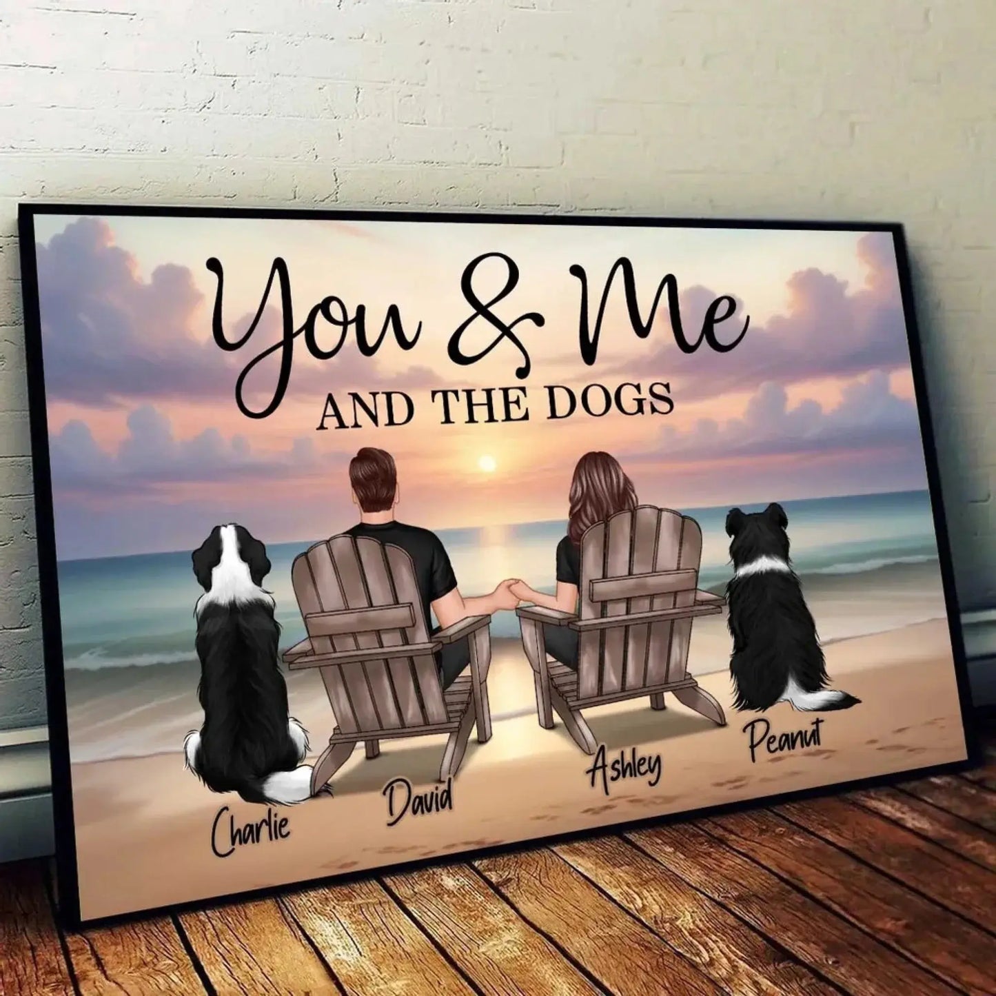 You, Me and The Dogs – Custom Beach Poster with Pets and Couple Names, Personalized Romantic Gift for Pet Lovers, Anniversary, or Home Decor Ezcustomize