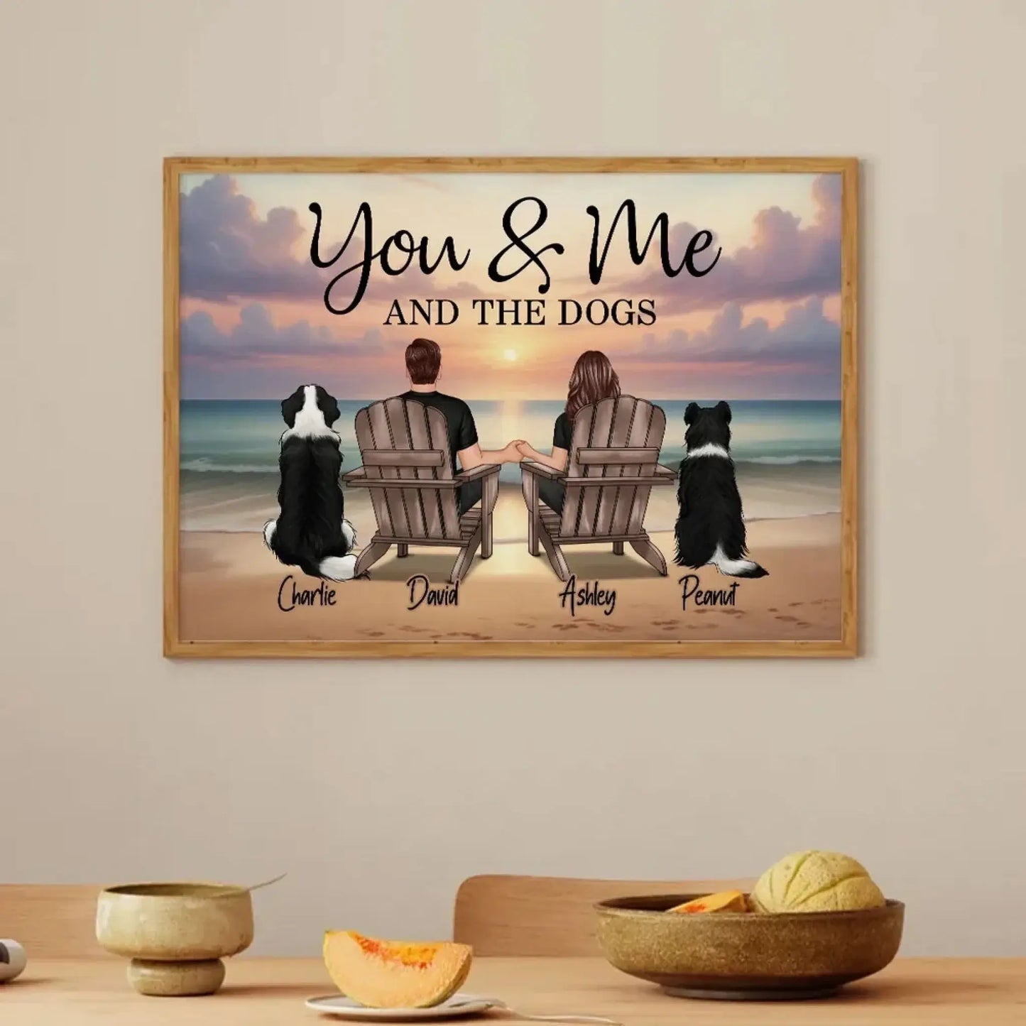 You, Me and The Dogs – Custom Beach Poster with Pets and Couple Names, Personalized Romantic Gift for Pet Lovers, Anniversary, or Home Decor Ezcustomize