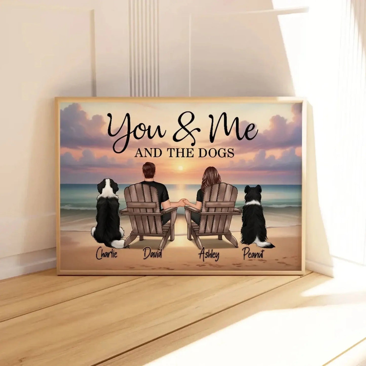 You, Me and The Dogs – Custom Beach Poster with Pets and Couple Names, Personalized Romantic Gift for Pet Lovers, Anniversary, or Home Decor Ezcustomize