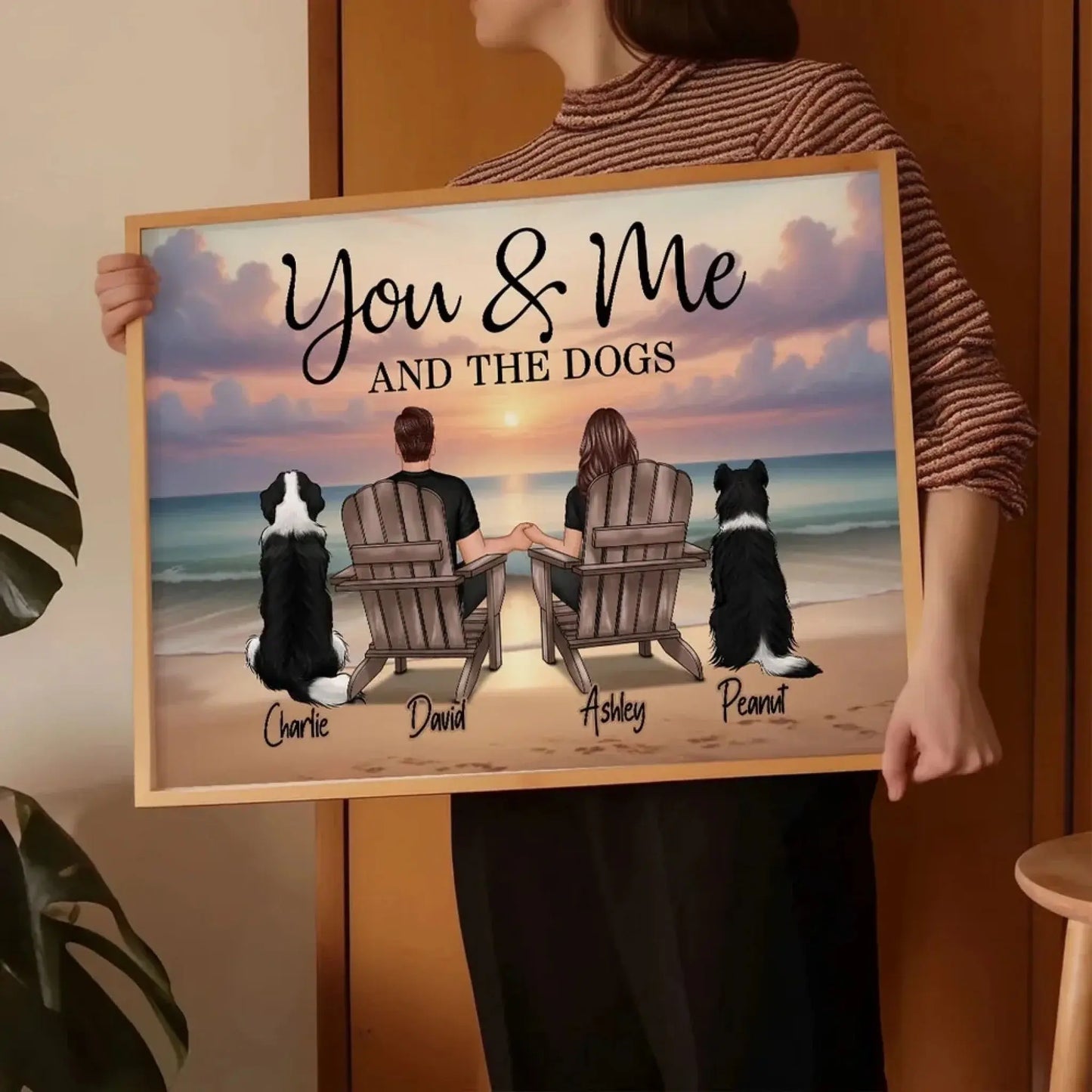 You, Me and The Dogs – Custom Beach Poster with Pets and Couple Names, Personalized Romantic Gift for Pet Lovers, Anniversary, or Home Decor Ezcustomize