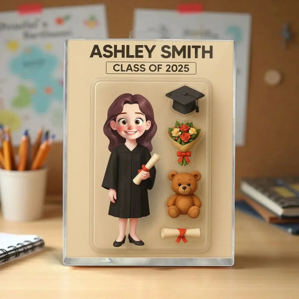 3D Cartoon Graduate Figure Art – Personalized Flat Acrylic Block Plaque – Custom Graduation Gift for Students