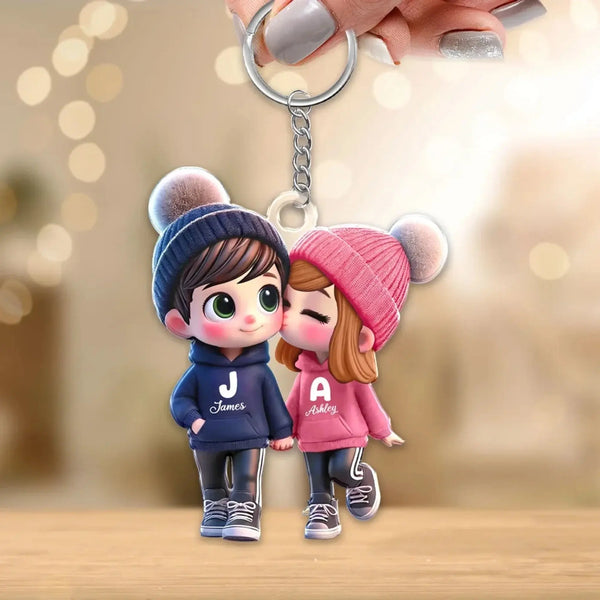 3D Effect Cartoon Couple Walking Keychain – Personalized Acrylic Photo Style Gift for Boyfriend or Girlfriend