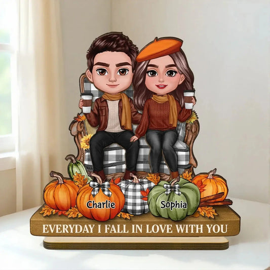 3D Effect Fall Couple Sitting with Pumpkins – Personalized 2-Layer Wooden Plaque Gift with Names – Cute Autumn Decor for Couples  Ezcustomize