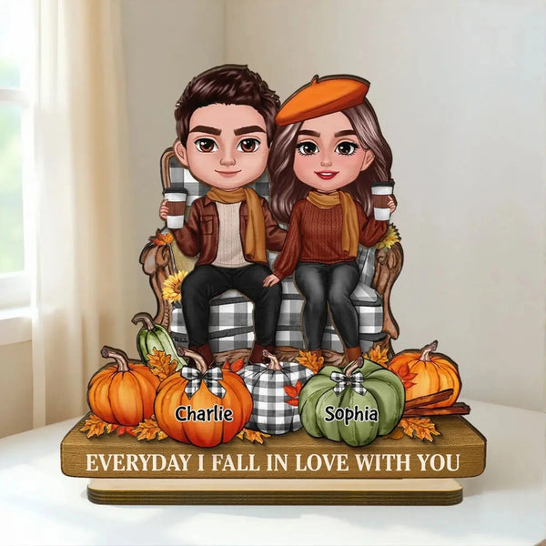 3D Effect Fall Couple Sitting with Pumpkins – Personalized 2-Layer Wooden Plaque Gift with Names – Cute Autumn Decor for Couples