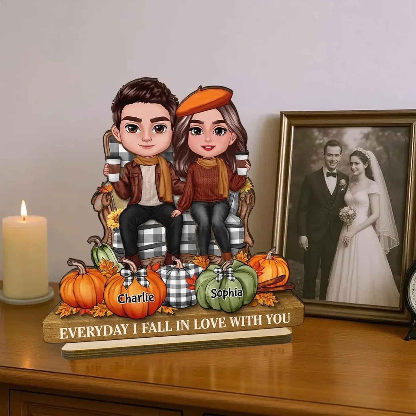 3D Effect Fall Couple Sitting with Pumpkins – Personalized 2-Layer Wooden Plaque Gift with Names – Cute Autumn Decor for Couples  Ezcustomize