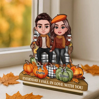 3D Effect Fall Couple Sitting with Pumpkins – Personalized 2-Layer Wooden Plaque Gift with Names – Cute Autumn Decor for Couples  Ezcustomize