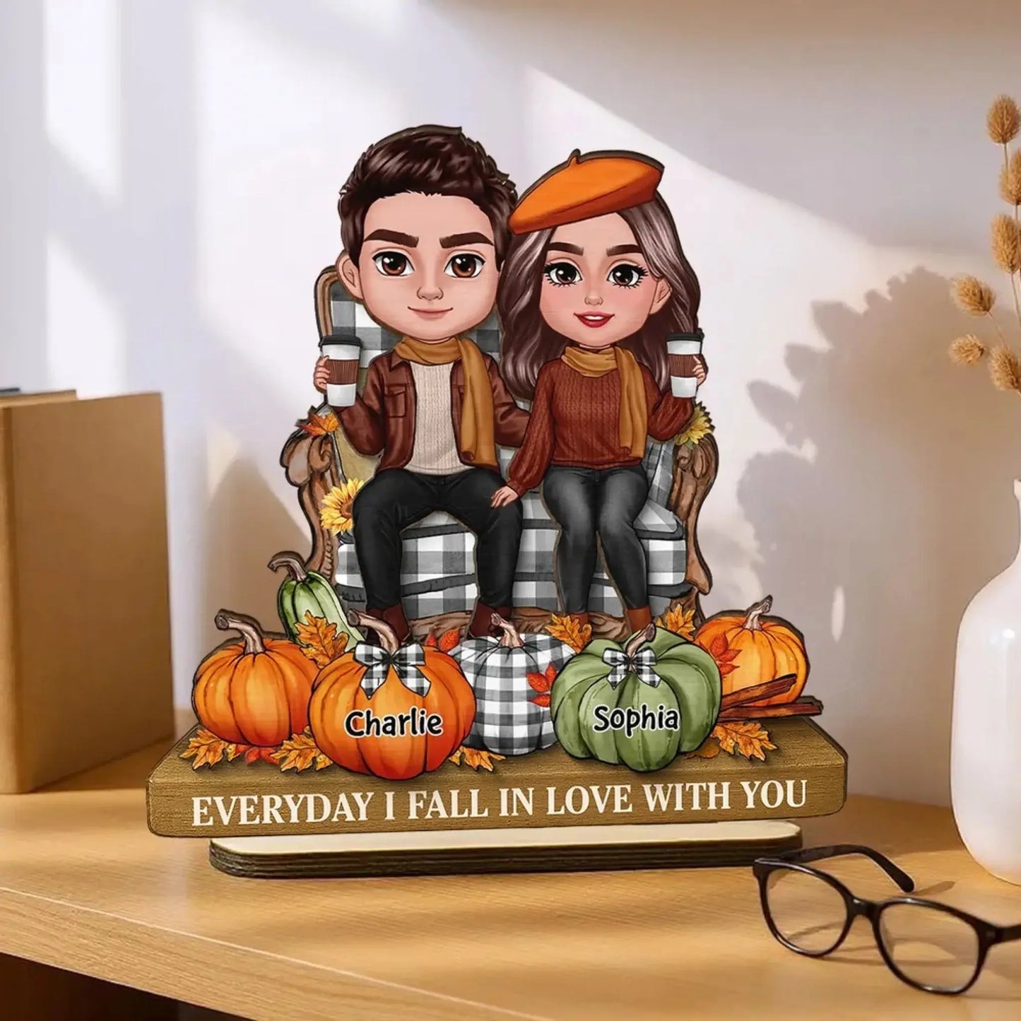 3D Effect Fall Couple Sitting with Pumpkins – Personalized 2-Layer Wooden Plaque Gift with Names – Cute Autumn Decor for Couples  Ezcustomize