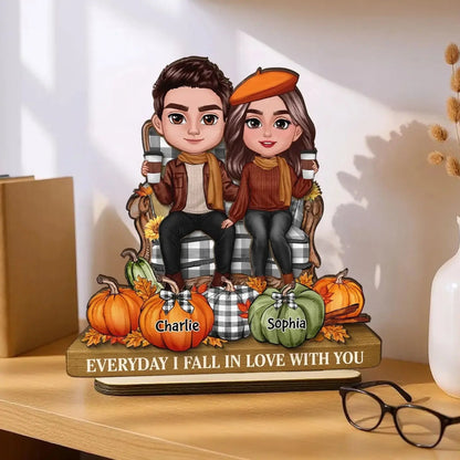 3D Effect Fall Couple Sitting with Pumpkins – Personalized 2-Layer Wooden Plaque Gift with Names – Cute Autumn Decor for Couples  Ezcustomize