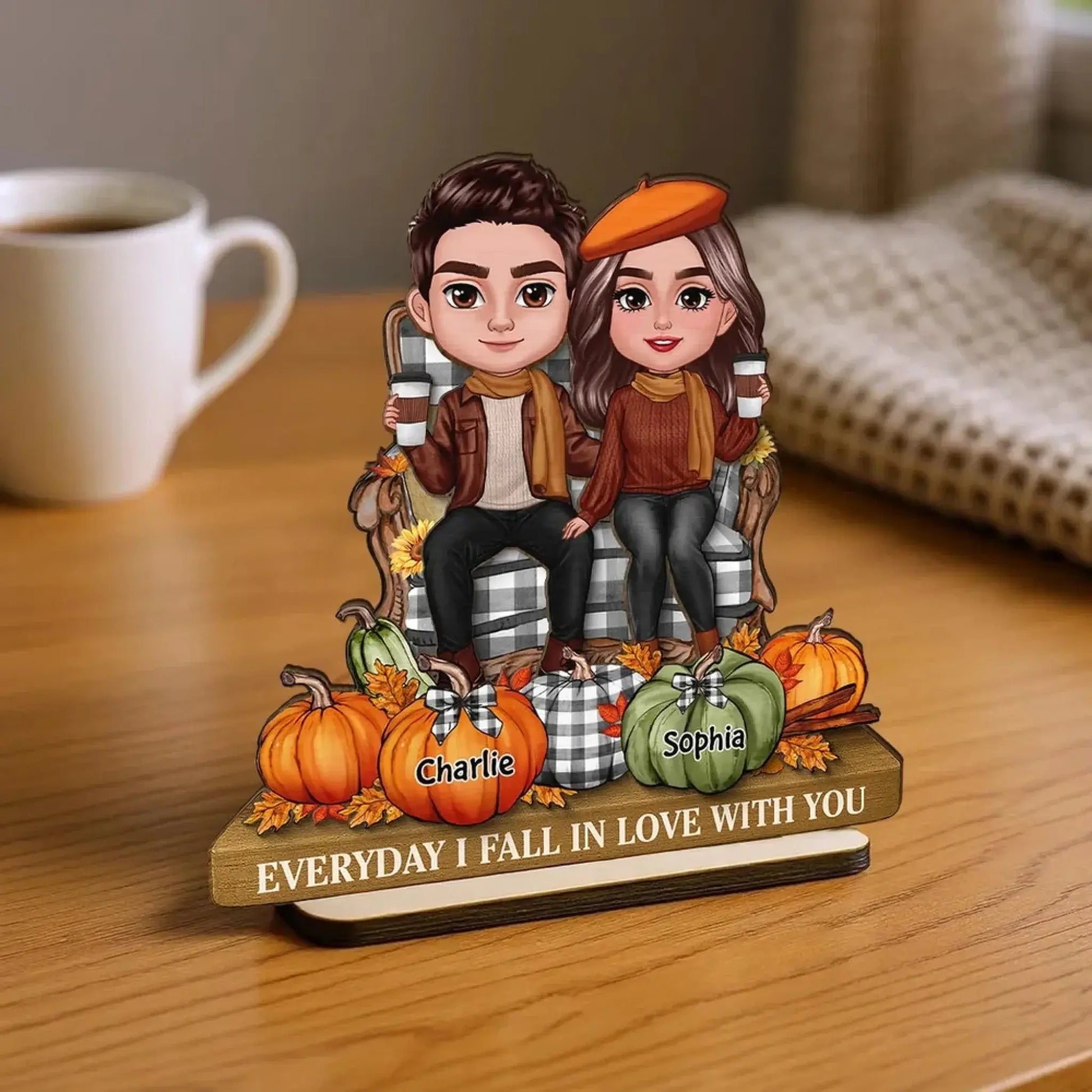 3D Effect Fall Couple Sitting with Pumpkins – Personalized 2-Layer Wooden Plaque Gift with Names – Cute Autumn Decor for Couples  Ezcustomize