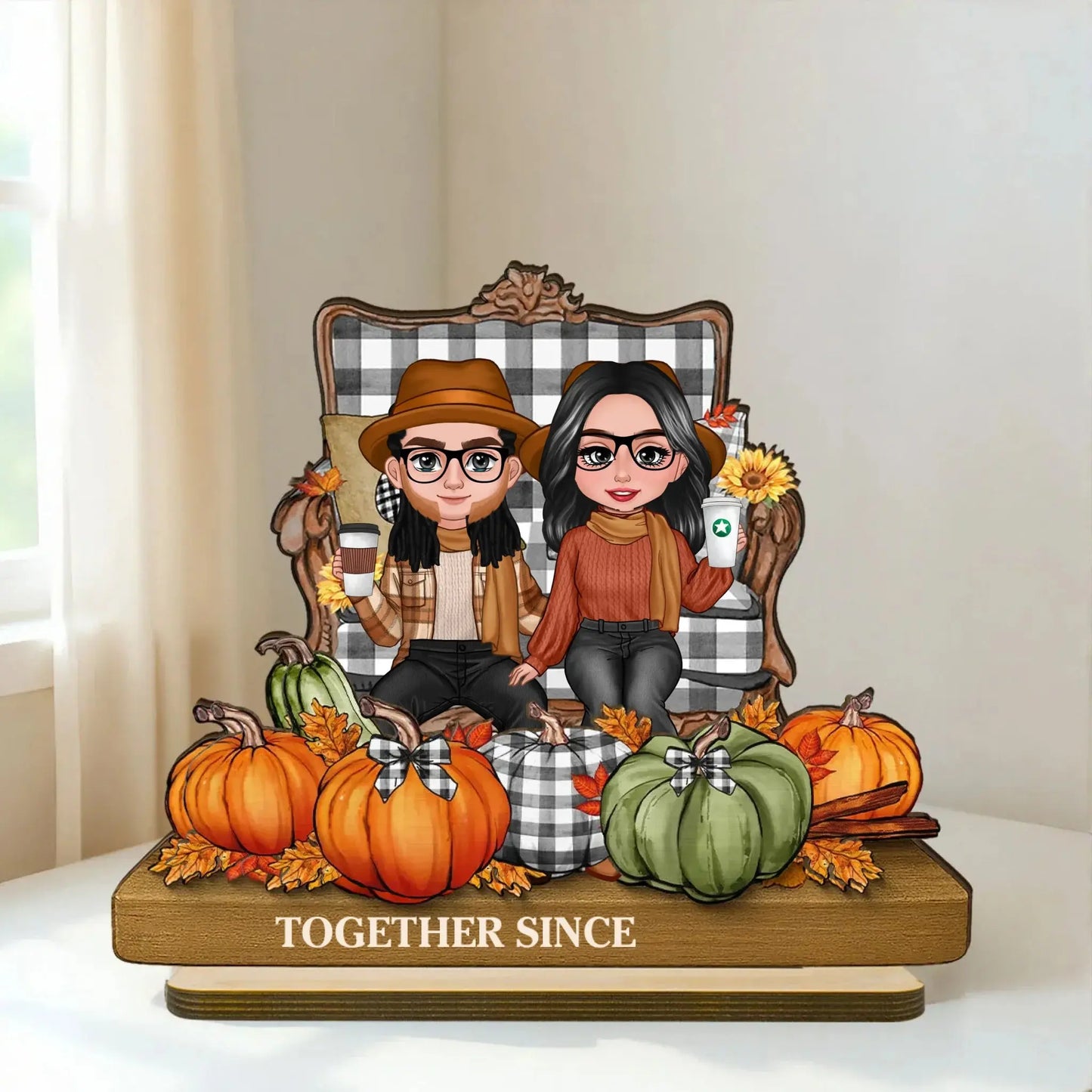 3D Effect Fall Couple Sitting with Pumpkins – Personalized 2-Layer Wooden Plaque Gift with Names – Cute Autumn Decor for Couples  Ezcustomize