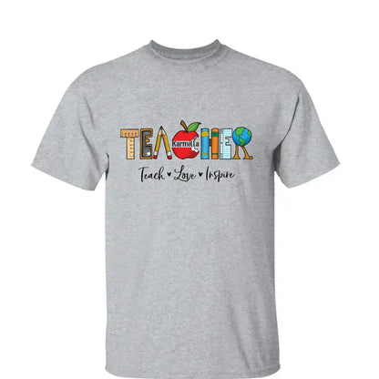 Personalized Teacher Shirt – Teach Love Inspire Back to School T-Shirt, First Grade Teacher Gift, Teacher Appreciation Tee  Ezcustomize