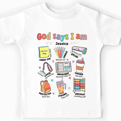 God Says I Am Teacher Shirt – Personalized Youth T-Shirt with Bible Verses, Back to School Faith-Based Gift for Teachers and Students  Ezcustomize