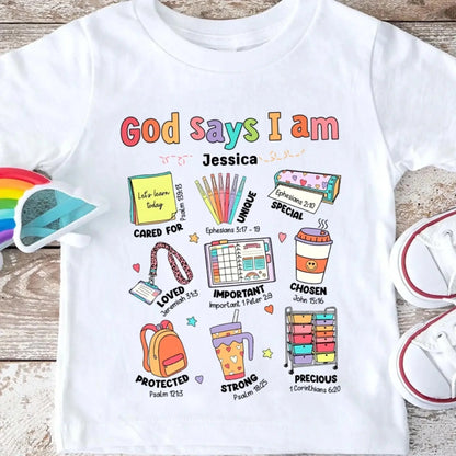 God Says I Am Teacher Shirt – Personalized Youth T-Shirt with Bible Verses, Back to School Faith-Based Gift for Teachers and Students  Ezcustomize