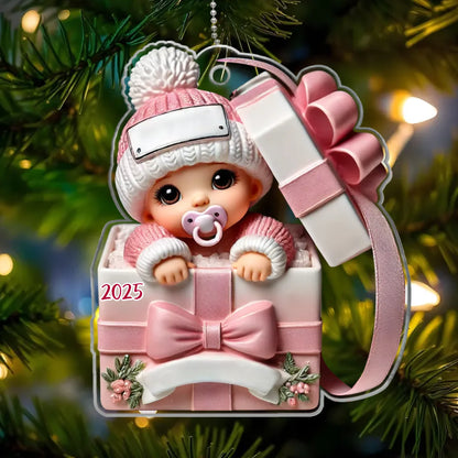 Baby Inside Gift Box 3D Effect Personalized Acrylic Ornament, Lovely Keepsake to Celebrate Little Miracle