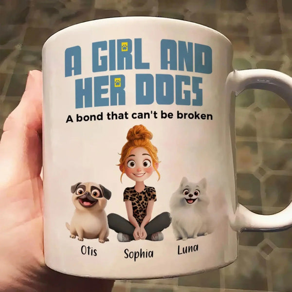 A Girl and Her Dogs Mug – Personalized Coffee Cup with Custom Girl & Dog Characters, Unique Gift for Dog Lovers