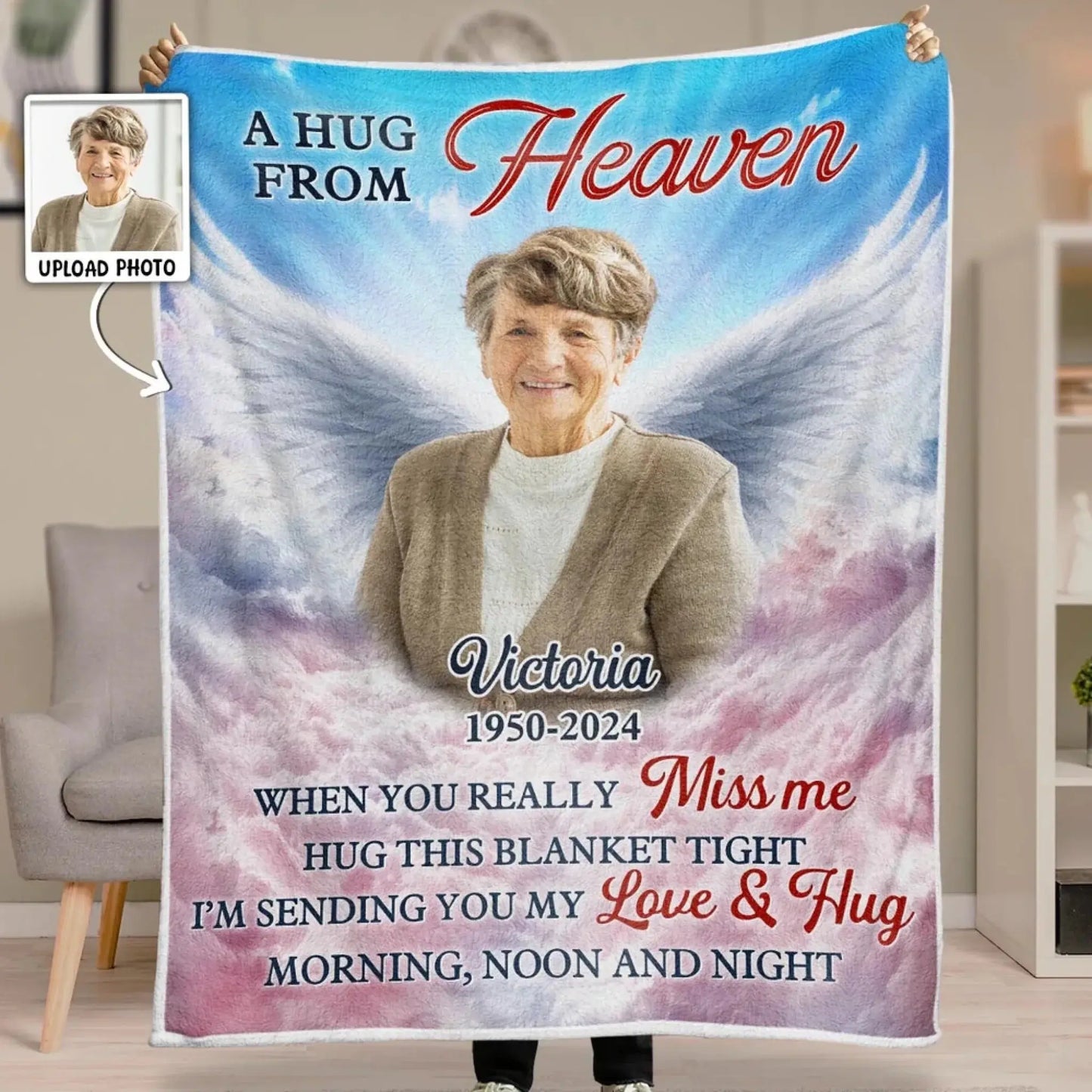 A Hug From Heaven with Custom Photo & Angel Wings – Personalized Memorial Blanket – Comforting Sympathy Gift for Family Members  Ezcustomize