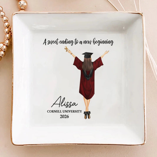 A Sweet Ending To A New Beginning - Personalized Ceramic Jewelry Dish - Gift for Her, Him, Daughter, Son, Friend, Sibling, Grandchild  Ezcustomize