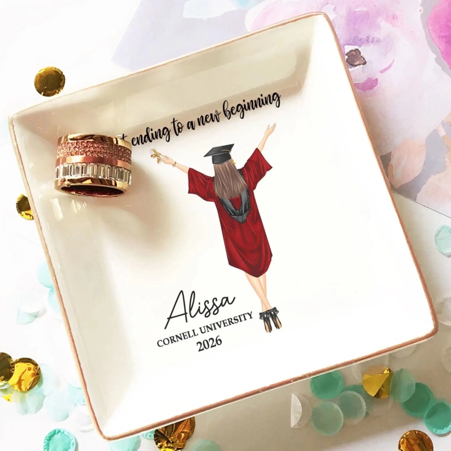 A Sweet Ending To A New Beginning - Personalized Ceramic Jewelry Dish - Gift for Her, Him, Daughter, Son, Friend, Sibling, Grandchild  Ezcustomize
