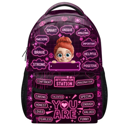 Affirmation Station You Are Smart Strong Brave Loved Unique - Personalized Backpack - Gift for Kids, Son, Daughter, Grandson, Granddaughter