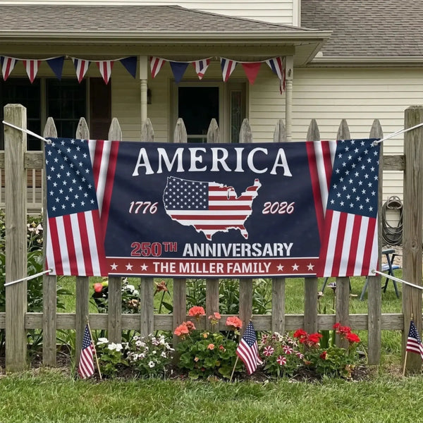 America 1776-2026 250th Anniversary Custom Family Name - Personalized Banner - Gift for Family, Proud Americans, Patriotic US History Lovers