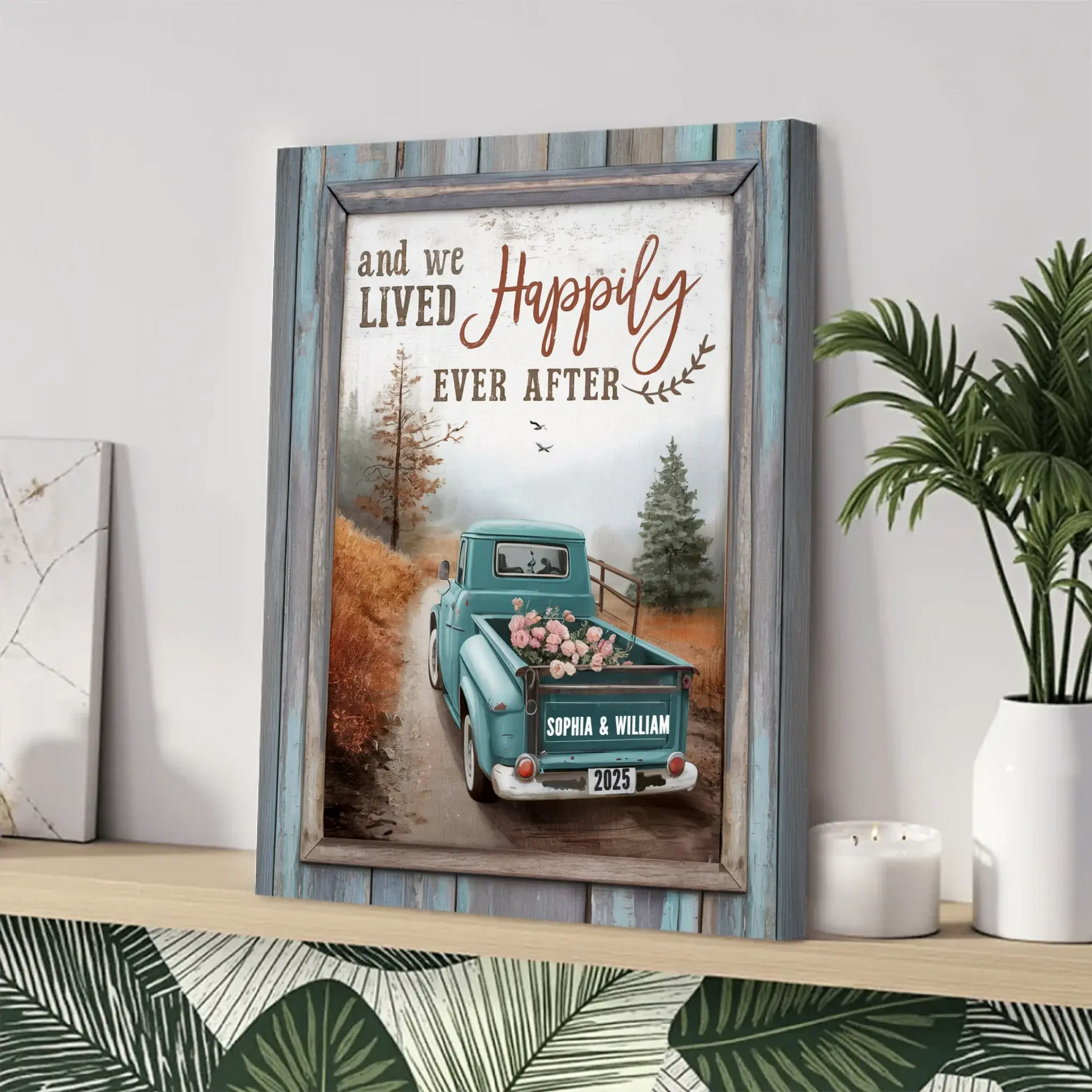 And We Lived Happily Ever After – Personalized Truck Couple Canvas – Custom Name & Year Gift for Wedding, Anniversary, or Valentine’s Day  Ezcustomize