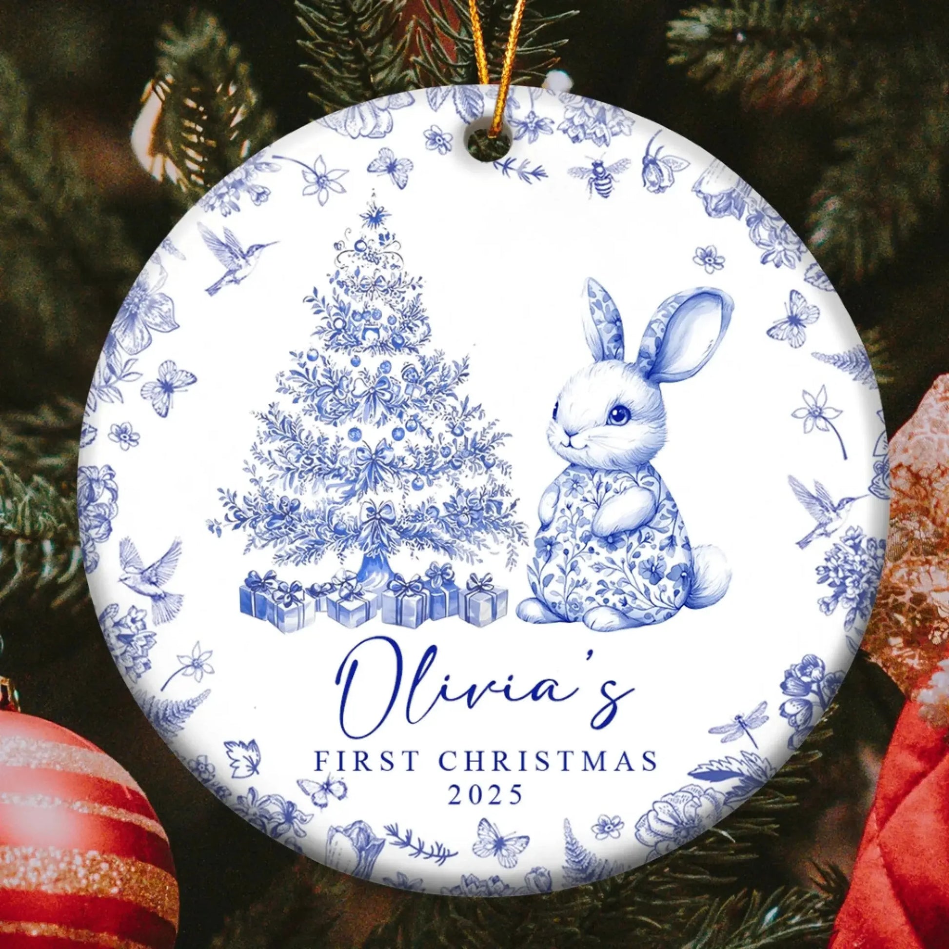 Baby’s First Christmas Toile de Jouy Design – Personalized Ceramic Ornament – Sweet Holiday Keepsake Gift for Newborns & Parents  Ezcustomize