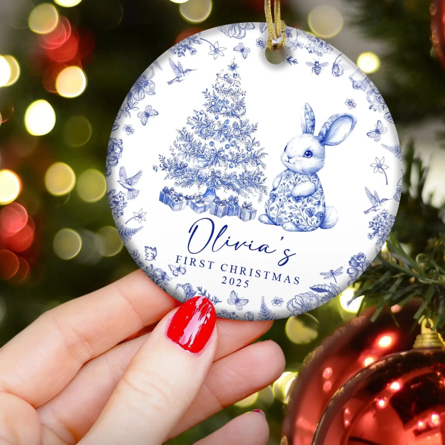 Baby’s First Christmas Toile de Jouy Design – Personalized Ceramic Ornament – Sweet Holiday Keepsake Gift for Newborns & Parents  Ezcustomize