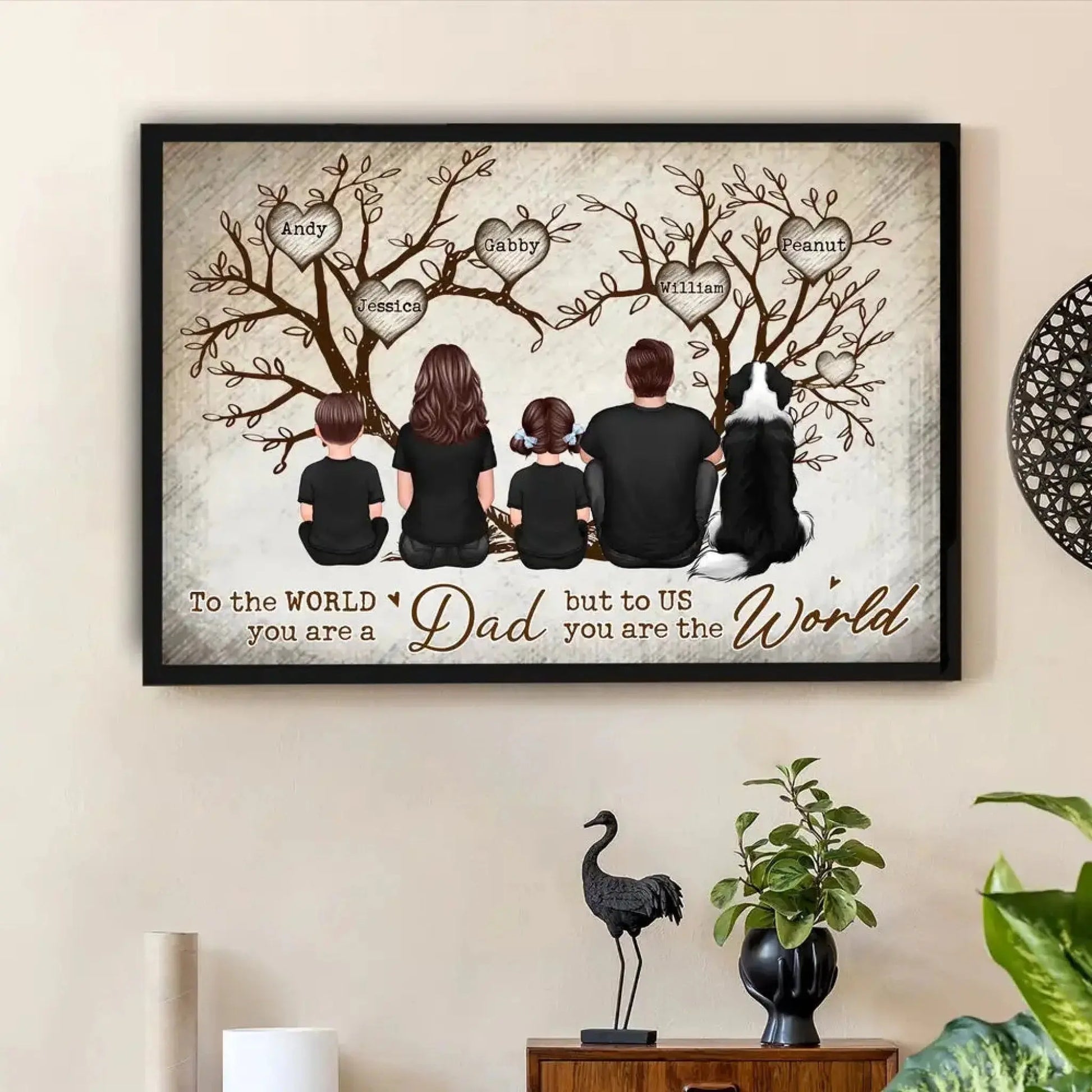 Back-View Family & Dog Tree Personalized Poster – To the World You Are a Dad, But to Us You Are the World – Custom Father's Day Gift with Names & Pets  Ezcustomize