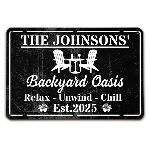 Backyard Bar Oasis Pool & Patio Relax Unwind Chill Custom Name - Personalized Metal Sign - Gift for Family, Homeowner, Couples, Dad, Husband, Outdoor