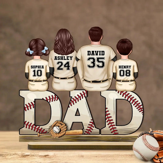 Baseball Dad Family Sitting Back View Personalized Standing Wooden Plaque, Father's Day Gift for Dad, for Grandpa, for Husband  Ezcustomize