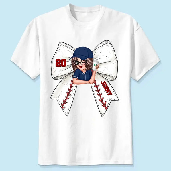 Baseball/Softball Bow Shirt with Jersey Number – Personalized T-Shirt – Custom Gift for Baseball Mom or Wife