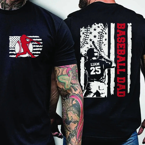 Baseball/Softball Dad Shirt – Personalized T-Shirt with Name & Number – Father’s Day Gift for Dad or Grandpa with Patriotic Design