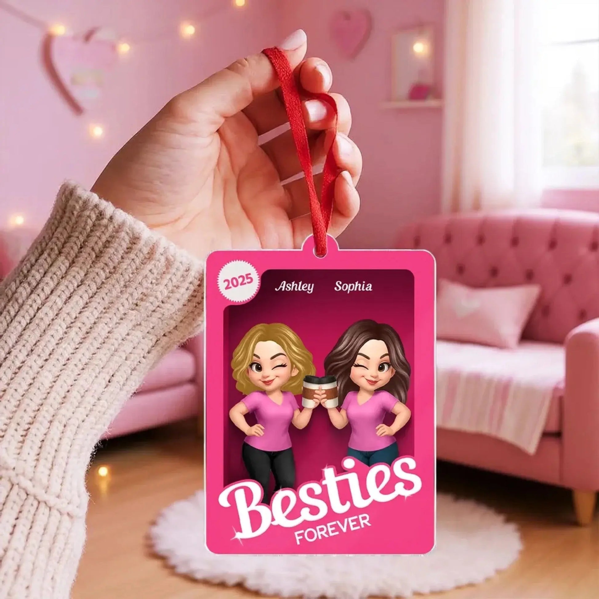 Besties Sisters in 3D Effect Pink Toy Box – Personalized Acrylic Ornament – Fun Christmas or Birthday Gift for Best Friends & BFFs  Ezcustomize