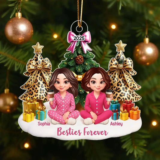 Besties Sitting Around Christmas Tree – Personalized Acrylic Ornament – Fun Holiday Gift for Best Friends, Sisters & Close Friendship  Ezcustomize