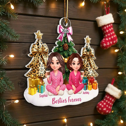 Besties Sitting Around Christmas Tree – Personalized Acrylic Ornament – Fun Holiday Gift for Best Friends, Sisters & Close Friendship  Ezcustomize