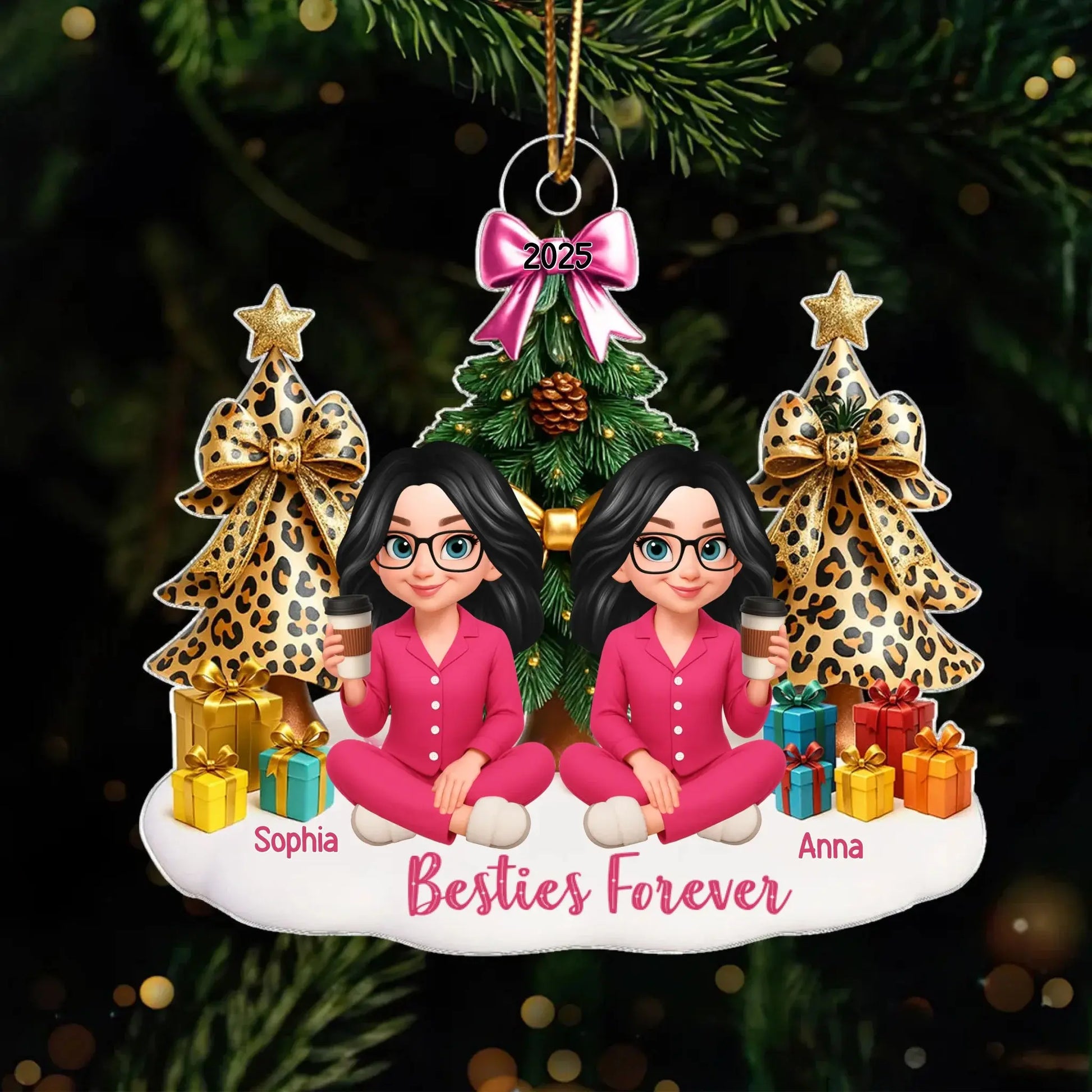 Besties Sitting Around Christmas Tree – Personalized Acrylic Ornament – Fun Holiday Gift for Best Friends, Sisters & Close Friendship  Ezcustomize
