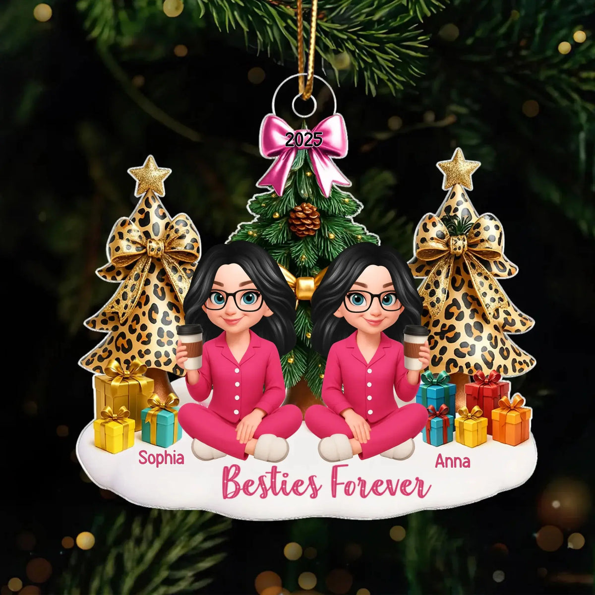 Besties Sitting Around Christmas Tree – Personalized Acrylic Ornament – Fun Holiday Gift for Best Friends, Sisters & Close Friendship