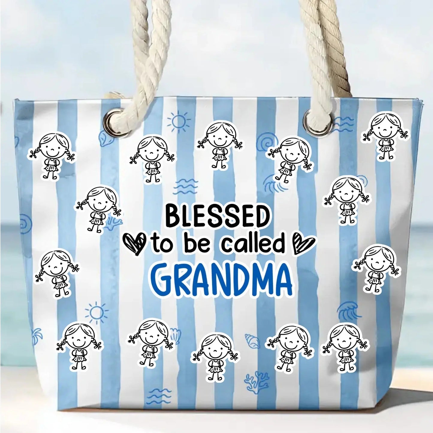 Blessed To Be Called Grandma Custom Grandkids Stick Figure Names - Personalized Beach Bag - Gift for Grandma, Mom, Nana, Mimi, Gigi, Grammy