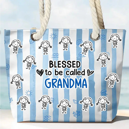 Blessed To Be Called Grandma Custom Grandkids Stick Figure Names - Personalized Beach Bag - Gift for Grandma, Mom, Nana, Mimi, Gigi, Grammy