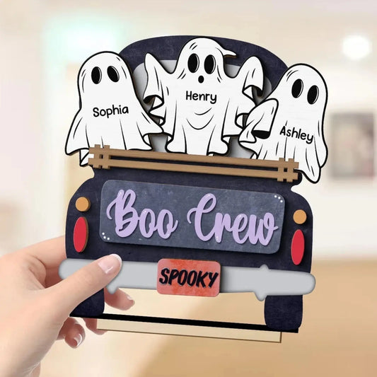Boo Crew Ghost Family with Farmhouse Truck – Personalized 2-Layer Wooden Plaque – Halloween Tiered Tray Decor for Spooky Home Vibes  Ezcustomize