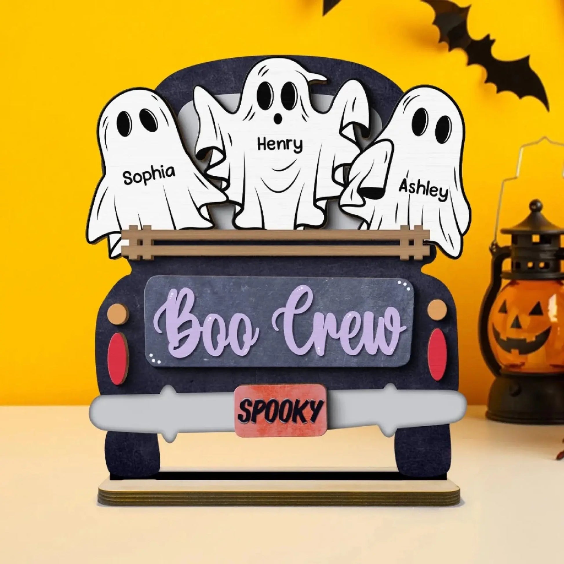Boo Crew Ghost Family with Farmhouse Truck – Personalized 2-Layer Wooden Plaque – Halloween Tiered Tray Decor for Spooky Home Vibes  Ezcustomize