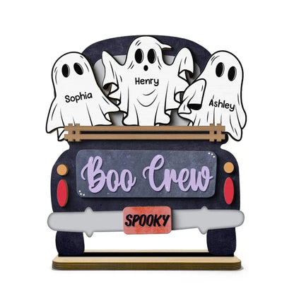 Boo Crew Ghost Family with Farmhouse Truck – Personalized 2-Layer Wooden Plaque – Halloween Tiered Tray Decor for Spooky Home Vibes  Ezcustomize