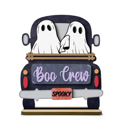 Boo Crew Ghost Family with Farmhouse Truck – Personalized 2-Layer Wooden Plaque – Halloween Tiered Tray Decor for Spooky Home Vibes  Ezcustomize