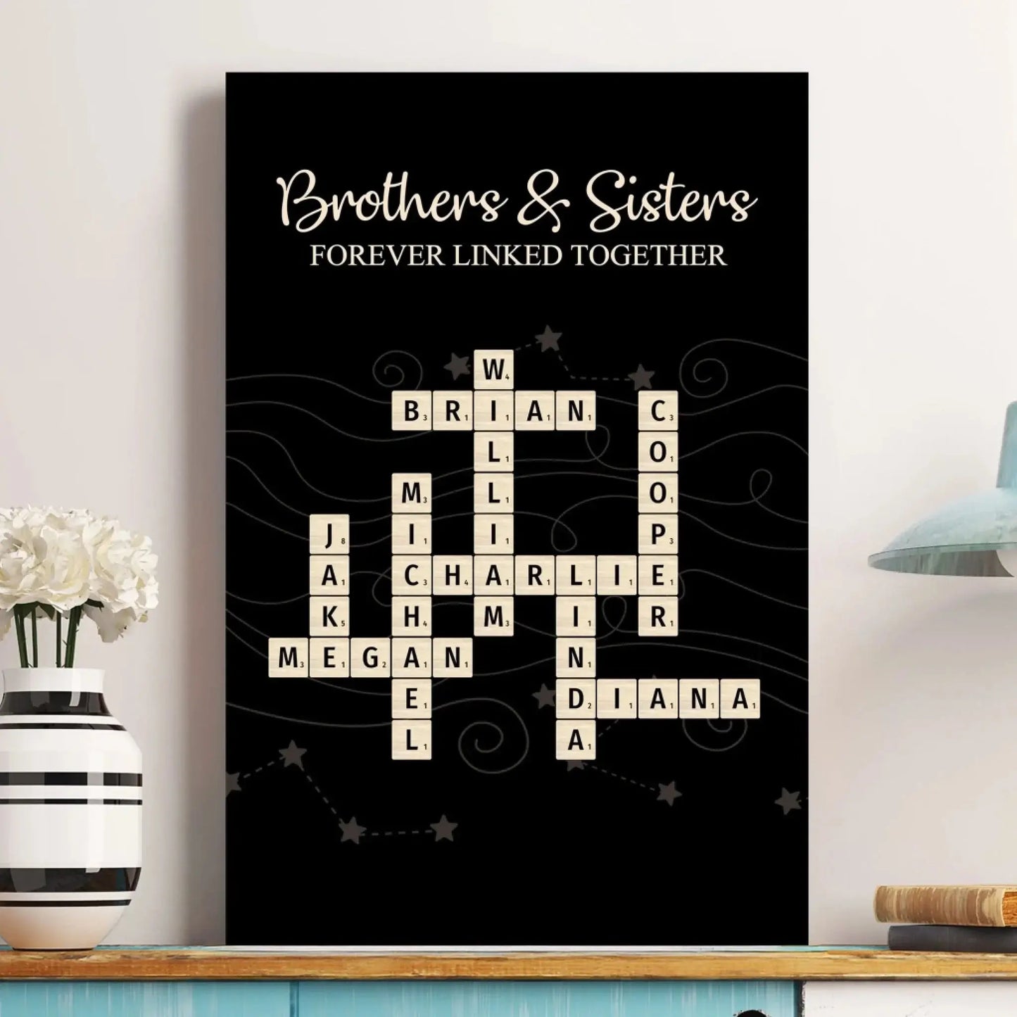 Brothers & Sisters Forever Linked Together – Personalized Scrabble Name Poster – Custom Wall Art Gift for Siblings, Family & Loved Ones  Ezcustomize