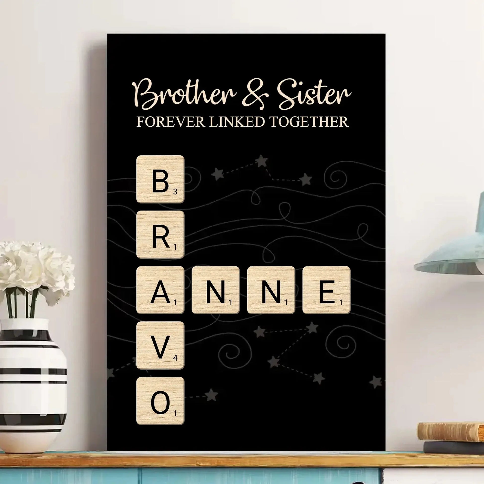 Brothers & Sisters Forever Linked Together – Personalized Scrabble Name Poster – Custom Wall Art Gift for Siblings, Family & Loved Ones  Ezcustomize