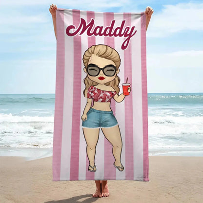 Chibi Summer Vacation Towel – Personalized Beach Towel with Stripe Pattern – Custom Gift for Bestie or Friends on Holiday  Ezcustomize