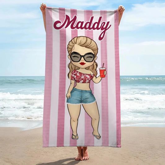 Chibi Summer Vacation Towel – Personalized Beach Towel with Stripe Pattern – Custom Gift for Bestie or Friends on Holiday  Ezcustomize
