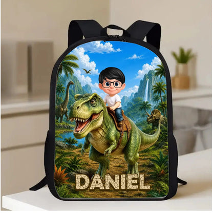 Child Riding T-Rex Dinosaur Jungle Art Custom Name - Personalized Backpack - Gift for Kids, Toddlers, Son, Daughter, Students