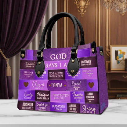 Christian Art God Says I Am – Personalized Leather Handbag Purse – Faith Based Christian Gift for Women, Mom or Daughter  Ezcustomize